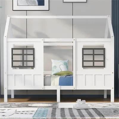 Produktbild von Jugendbett Hausbett, Einzelbett, Tagesbett, Kinderbett mit 2 Fenstern, Rahmen aus Kiefer, MDF, weiß