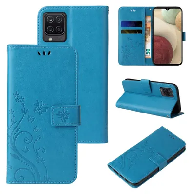 A collage of images showing a blue flip phone case with a floral and butterfly design.