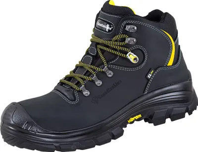 A black work boot with yellow accents and laces, shown from a side-angle against a white background.