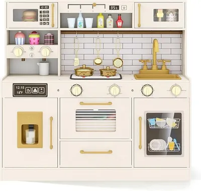 Imagen del producto de Cocina de juguete, con luces y sonido, cocina de madera que incluye accesorios como fregadero, dispensador de hielo, microondas, dispensador de agua y horno. Cocina de juguete para niños a partir de 2 años