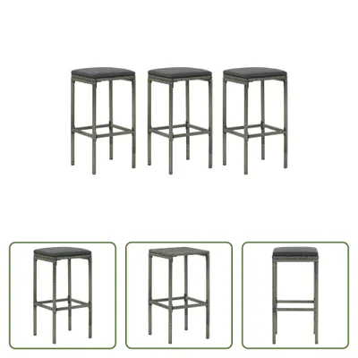 Produktbild von The Living Store Barhocker mit Kissen 3 Stk. Grau Poly Rattan