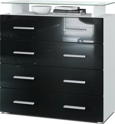 Produktbild von Vladon Sideboard Pavos V2, Kommode mit 4 Schubladen und Glasablage, Weiß matt/Schwarz Hochglanz (76 x 81 x 35 cm)