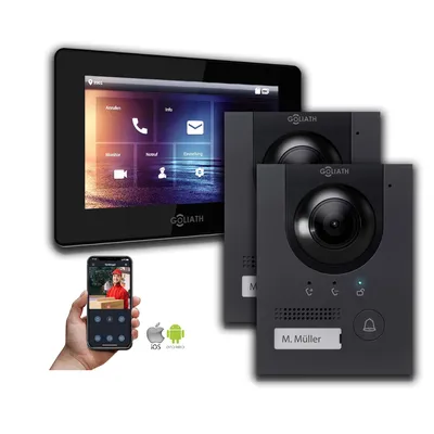 Produktbild von 2-Draht BUS Gegensprechanlage | Anthrazit 1-Monitor 2-Außenstationen : 7 Zoll Schwarz : Aufputz Dose Monitor Farbe: 7 Zoll Schwarz Montage: Aufputz Dose