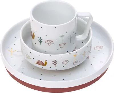 Produktbild von LÄSSIG Geschirrset Porzellan Kindergeschirrset Teller Schüssel Tasse mit Silikonring rutschfest Kindergeschirr/ Garden Explorer girls