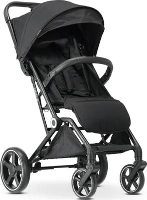 A black stroller is shown against a white background.