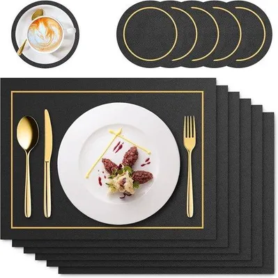 Productafbeelding van Famanu placemats van Polyurethanleer - set van 6 - wasbaar - antislip - waterdicht - hittebestendig - 41 x 31 cm - zwart