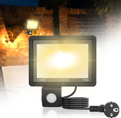 Produktbild von LZQ LED Strahler mit Bewegungsmelder, 100W 3500LM Außenstrahler mit Stecker 2800-3500K Warmweiß Superhell Scheinwerfer Fluter IP65 Wasserdichter, Aussenlampe für Garten, Innenhöfe, Garage
