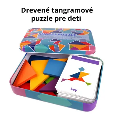 Obrázok produktu pre Drevené tangramové puzzle pre deti – farebná sada v kovovej krabičke, učenie čísel a písmen, Montessori hračka od 3 rokov