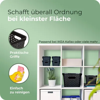 Productafbeelding van Novaliv set van 6 opbergboxen met deksel, groot, 14 liter, zwarte mand in rotanlook, geschikt voor voedsel, opbergmand, stapelbare boxen, nestbaar, kunststof, BPA-vrij, doos, opbergboxen met deksel