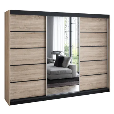 Produktbild von Schwebetürenschrank 200 cm, 3-türig, mit Spiegel & 4 Schubladen, Retro-Stil, modern – Kleiderschrank VILUNO 4 Sonoma / sonoma / sonoma