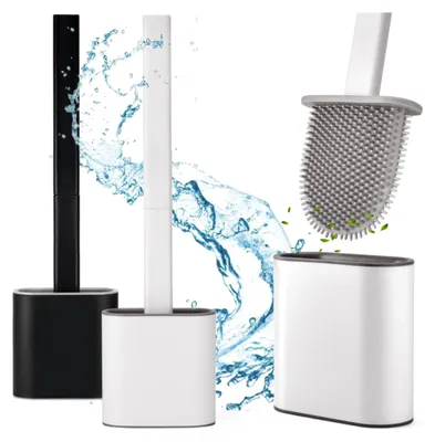 Produktbild von Silikon Klobürste - Toilettenbürste mit Halterung - Wandmontage ohne Bohren - Stehender Klobürstenhalter - Klebe WC Bürstengarnitur (Weiß)
