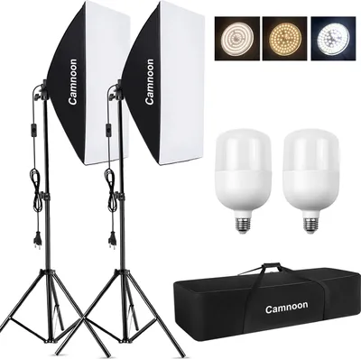 Zdjęcie produktu dla Zestaw oświetlenia studyjnego CAMNOON, zestaw oświetleniowy softbox z lampą LED 105 W * 2 + softbox 50 x 70 cm * 2 + statyw oświetleniowy 2 m * 2 + torba transportowa * 1 do portretu studyjnego, fotografii produktowej, wideo