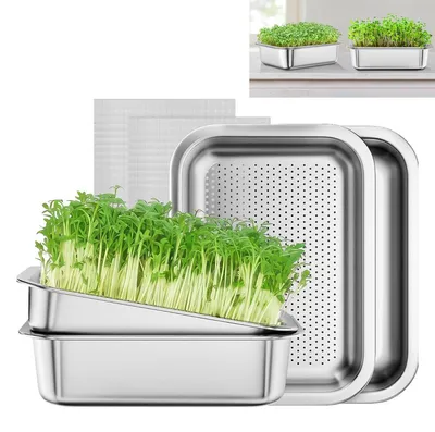 Produktbild von Sprossenglas & Keimschale Set,Edelstahl Keimgerät für Microgreens, Katzengras & Weizengras, 2 Stück Anzuchtset mit Bodenwanne & Sieb, Rostfrei & Pflegeleicht