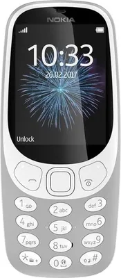 A front view of a gray and white Nokia 3310 mobile phone.