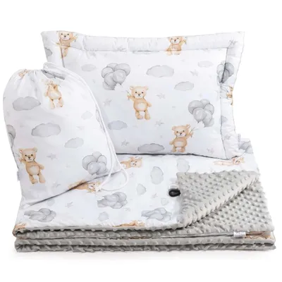 Produktbild von Decke und Kissen für Kindergartenkinder – Kindergarten-Bettwäsche-Set – Cloudy Bears & Light Grey Minky
