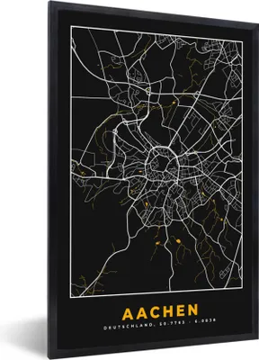 Produktbild von MuchoWow® Gerahmtes Poster Aachen - Gold - Stadtplan - Karte - Deutschland 60x90 cm - Poster mit Schwarzem Bilderrahmen Wandposter Rahmen Foto Bilder - Kunst