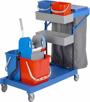 Produktbild von CleanSV® BAY Servicewagen PE, Reinigungswagen. 2 x 16 Liter Eimer mit Abfallsammler Mülltrennung, 2 x 6 L. Eimer, Moppresse