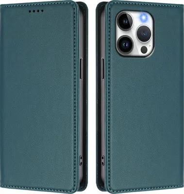 Produktbild von Handyhülle für iPhone 13 Pro, Kunstleder Klapphülle Stoßfeste Magnetische Hülle mit Ständer Grün