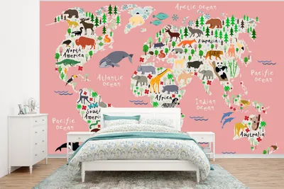 Produktbild von MuchoWow® Fototapete für Wohnzimmer oder Schlafzimmer Wandtapete Vinyl Motivtapete Weltkarte - Kinder - Rosa - Tiere - 400x300 cm - Papiertapeten