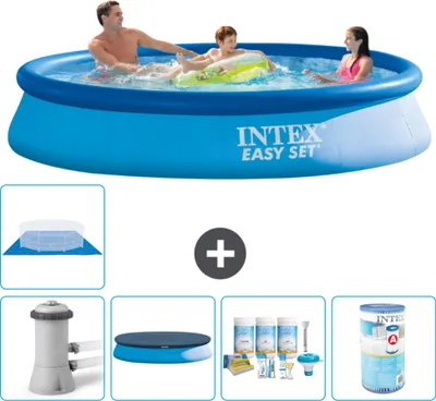 Produktbild von Intex runder aufblasbarer Easy Set-Schwimmpool – 366 x 76 cm – Blau – inklusive Pumpe Abdeckung - Wartungspaket - Filter - Bodenplane