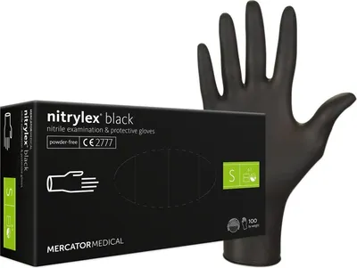 A box of black nitrile gloves and one glove are shown against a white background.