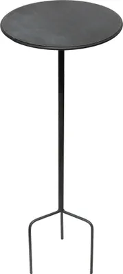 A black metal garden stake table with a round top and a tripod base, isolated on a white background.