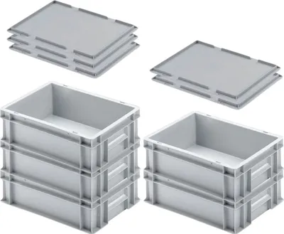 Produktbild von SuperSparSet 5x Eurobehälter mit geschlossenem Griff & Auflagedeckel | HxBxT 12x30x40cm | 11 Liter | Grau | Eurobox, Transportbox, Transportbehälter, Stapelbehälter