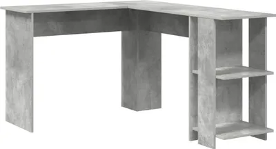 A corner desk with a concrete gray finish is shown against a white background.