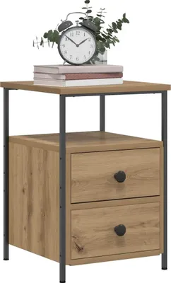 A bedside table with two drawers and a wooden top, decorated with a clock and some plants.