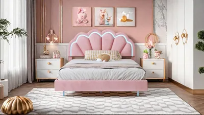 Obrázek produktu pro Čalouněná dětská postel 140 x 200 cm, růžový korunový rám manželské postele zPolyuretankůže s LED světly, lamelovým roštem a opěradlem (matrace není součástí dodávky)
