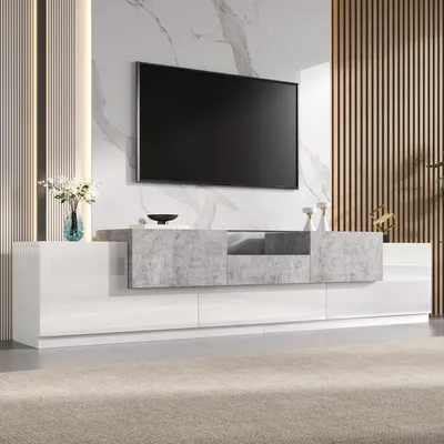 Produktbild von ELANDEPOT TV-Lowboard 200 × 33 × 48.5 cm Weiß Schubladen Stauraum Kabelmanagement Hochglanzfront Türen MDF / Spanplatte für Wohnzimmer