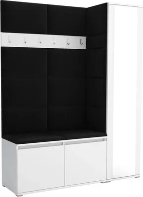 Productafbeelding van Garderobeset Noris VII met spiegel, beklede garderobe 145 cm, gangmeubel met wandpanelen, schoenenkisten en opbergruimte (kleur: wit + Trinity 16)