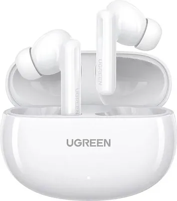 A pair of white wireless earbuds and their charging case.