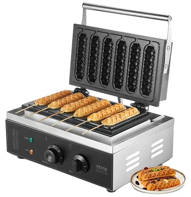 Image de Gaufrier commercial VEVOR, 6 pièces, gaufrier 1500 W, gaufrier en acier inoxydable avec revêtement antiadhésif pour hot-dogs au maïs, avec réglage de la température et du temps, poignée, pour restaurant, boulangerie