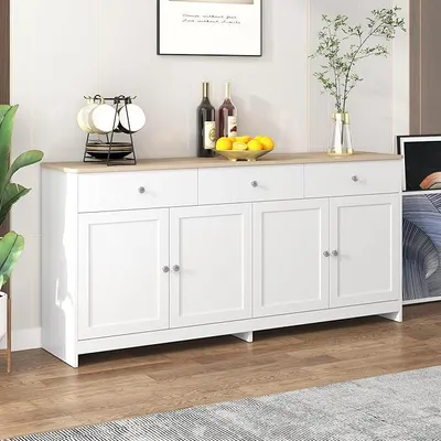 Produktbild von Sideboard, Buffetschrank, Kommode für Wohnzimmer und Esszimmer, Aufbewahrungsschrank mit 4 Türen und 3 Schubladen, Moderner Wohnzimmerschrank, 160x37x75 cm, Holz und Weiß