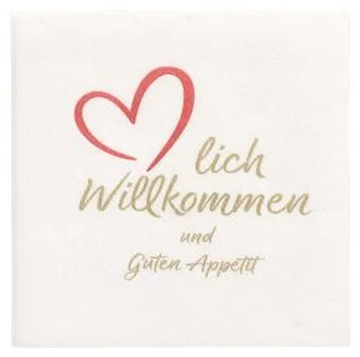 Produktbild von Servietten, 2-lagig "PUNTO" 1/4-Falz 20 cm x 20 cm weiss "Herzlich Willkommen & Guten Appetit" mikrogeprägt