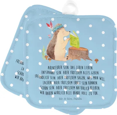 Produktbild von Mr. & Mrs. Panda Topfuntersetzer Igel Federschmuck - Blau Pastell - Geschenk, Abenteuer, Indianer, Topflappen Set, topfhalter, Doppel, Lagerfeuer, 2er, Camping, Tiere