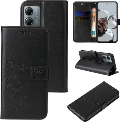 Produktbild von Handyhülle für Motorola Moto G14 Floral Blumen Schmetterling Flip Cover Hülle Case Klapphülle Handytasche Farbe: Schwarz