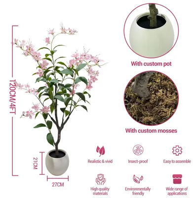 Immagine prodotto di Albero di gelsomino artificiale - Albero decorativo 120 cm - Fiori rosa - Foglie realistiche - Vaso bianco - Pianta da interno, ideale per casa, matrimoni e feste