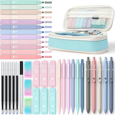 A collection of stationery items including pens, markers, erasers, and a pencil case, arranged on a white background.