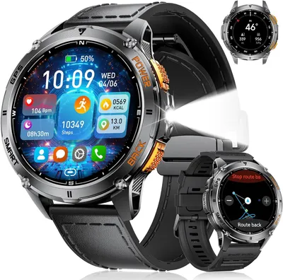 Herren GPS Smartwatch 1,43" AMOLED mit LED-Taschenlampe, Telefonfunktion, 600mAh,170+ Sportmodi, Kompass, Schrittzähler, Schlafmonitor für iOS/Android