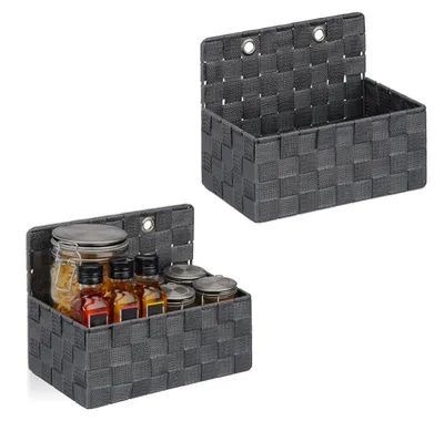 Image de Paniers de rangement suspendus, lot de 2, aspect tressé, pour salle de bain, couloir, panier mural H x L x P 20 x 25 x 16,5 cm, gris