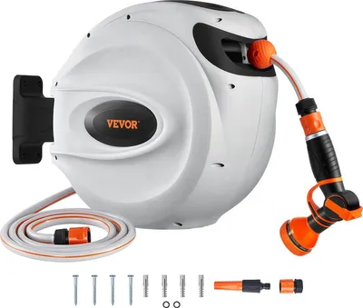 Image de Bobine rétractable murale pour tuyau d'arrosage - 35 mètres x 12 mm - Système d'enroulement automatique - Support pivotant à 180°
