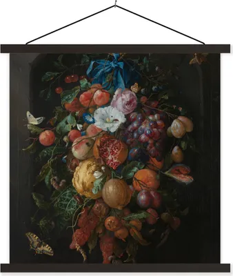 Produktbild von MuchoWow® Textilposter Früchte und Blumen - Gemälde von Jan Davidsz. de Heem 90x90 cm mit schwarzem Rahmen - Magnetisches