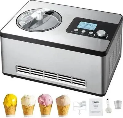 Immagine prodotto di Gelatiera automatica con compressore integrato - Gelatiera senza pre-raffreddamento - Macchina per sorbetti - Macchina per yogurt - Capacità 2 litri - Display LCD - Potenza 180 W - Silenziosa, facile da usare - Ricette incluse