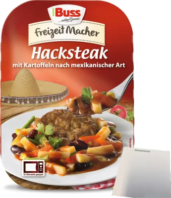 Produktbild von Buss Hacksteak nach mexikanischer Art würzig mit Kartoffeln und Gemüse (300g Packung) + usy Block