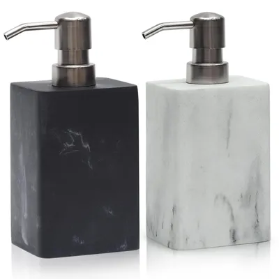 Image de Ensemble de distributeurs de savon pour la salle de bains, blanc et noir, aspect marbre, avec pompe en acier inoxydable argenté, pompe décorative en résine synthétique pour savon liquide et lotion, rechargeable, de forme carrée, distributeur de cuisine, 450 ml