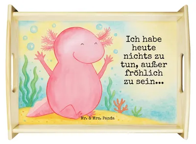 Produktbild von Mr. & Mrs. Panda Tablett Axolotl Hurra Design - Weiß - Geschenk, Lurche, Sofa, Motivation, betttablett, kaffeetablett, Serviertablett, Freude, Spaß, Holztablett