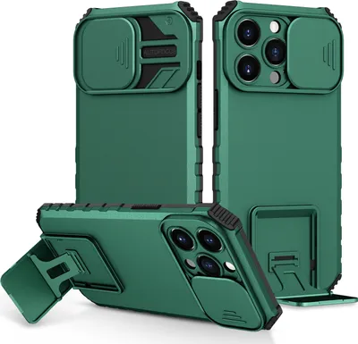 Produktbild von iPhone 15 Pro Max Hülle, Dual Layer Ständer Schutzhülle mit Schiebe Kamera Schutz für iPhone 15 Pro Max Grün