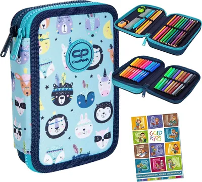 Produktbild von COOLPACK 2-fache Federtasche Federmappe Federmäppchen Indian Zoo 35-teilig gefüllte Schüleretui Stifte und Pinsel Fanartikel inkl. Aufgabenheft